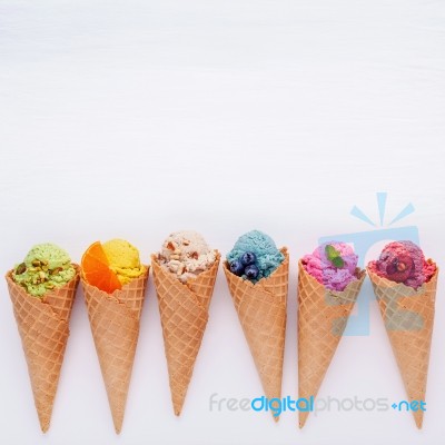 Various Of Ice Cream Flavor In Cones Blueberry ,strawberry ,pist… Stock Photo