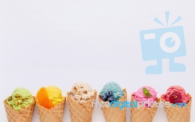 Various Of Ice Cream Flavor In Cones Blueberry ,strawberry ,pist… Stock Photo