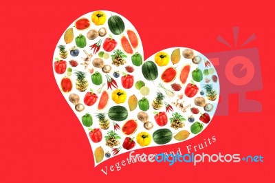 Vegetables And Fruits In White Heart On Red Background Stock Photo