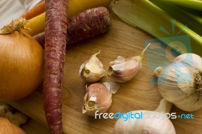 Vegetables On A Wooden Block Stock Photo