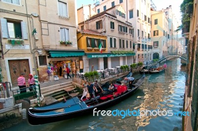 Venice Italy Gondolas On Canal Stock Photo