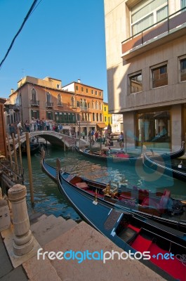 Venice Italy Gondolas On Canal Stock Photo