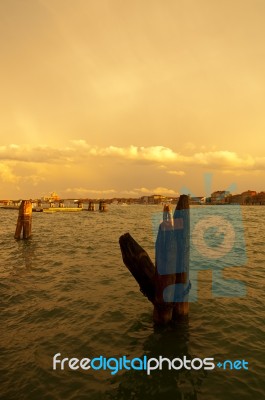 Venice Italy Lagune View With Bricole Stock Photo