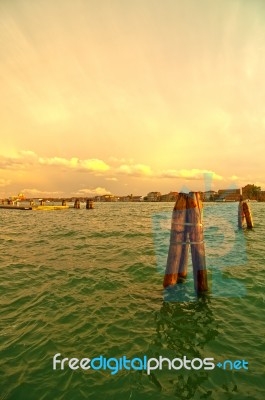 Venice Italy Lagune View With Bricole Stock Photo