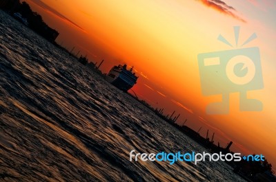 Venice Italy Sunset With Cruise Boat Stock Photo