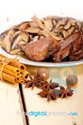 Venison Deer Game Filet And Wild Mushrooms Stock Photo