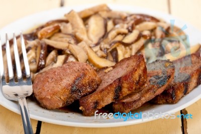 Venison Deer Game Filet And Wild Mushrooms Stock Photo