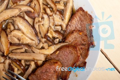 Venison Deer Game Filet And Wild Mushrooms Stock Photo