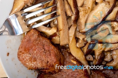 Venison Deer Game Filet And Wild Mushrooms Stock Photo