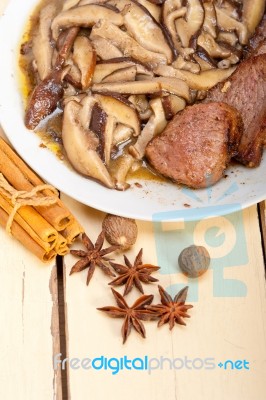 Venison Deer Game Filet And Wild Mushrooms Stock Photo