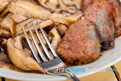 Venison Deer Game Filet And Wild Mushrooms Stock Photo