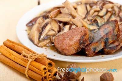 Venison Deer Game Filet And Wild Mushrooms Stock Photo