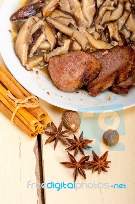 Venison Deer Game Filet And Wild Mushrooms Stock Photo