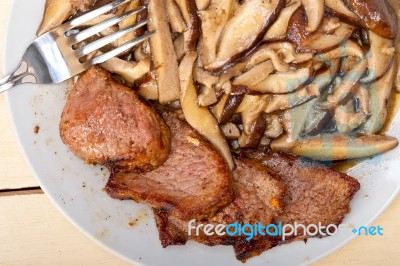 Venison Deer Game Filet And Wild Mushrooms Stock Photo