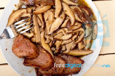 Venison Deer Game Filet And Wild Mushrooms Stock Photo