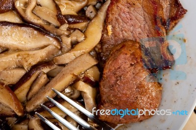 Venison Deer Game Filet And Wild Mushrooms Stock Photo