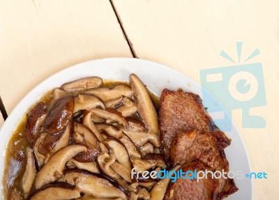 Venison Deer Game Filet And Wild Mushrooms Stock Photo