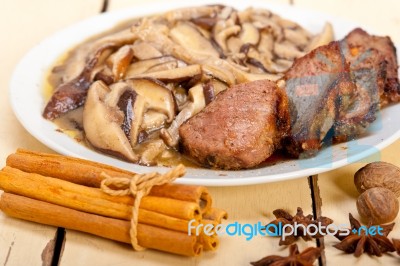 Venison Deer Game Filet And Wild Mushrooms Stock Photo