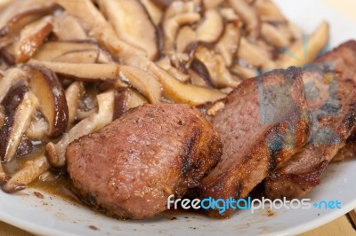 Venison Deer Game Filet And Wild Mushrooms Stock Photo