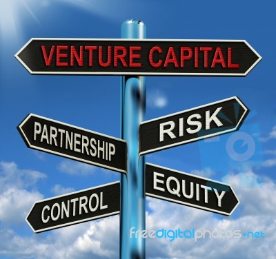 Venture Capital Signpost Shows Partnership Risk Control And Equi… Stock Image