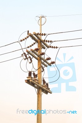 Vertical Electric Pole Junction Evening Sky Stock Photo