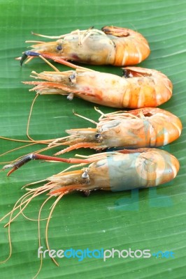 Vertical Row Of Shrimp Grilled On Banana Leaf Stock Photo