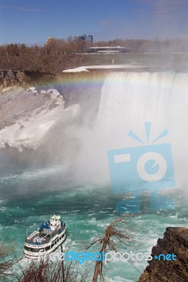 Very Beautiful Background Of The Niagara Falls, Rainbow And A Ship Stock Photo