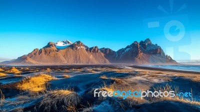 Vestrahorn Mountains In Stokksnes, Iceland Stock Photo