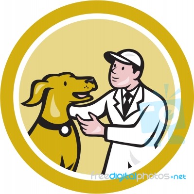 Veterinarian Vet Kneeling Beside Pet Dog Circle Cartoon Stock Image