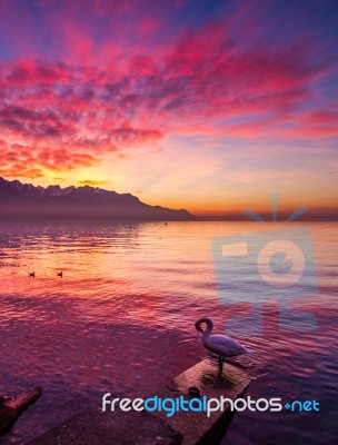 Vibrant Sunset Reflecting Over The French Alps Stock Photo