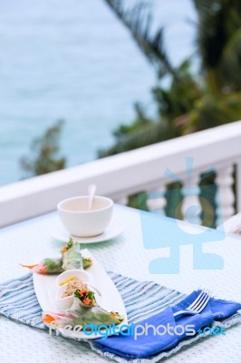 Vietnamese Spring Rolls With Vegetables And Coriander On A Plate… Stock Photo