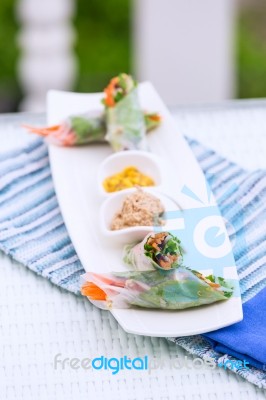 Vietnamese Spring Rolls With Vegetables And Coriander On A Plate… Stock Photo