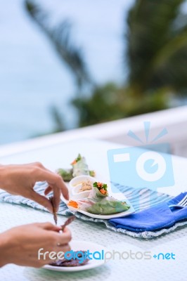 Vietnamese Spring Rolls With Vegetables And Coriander On A Plate… Stock Photo