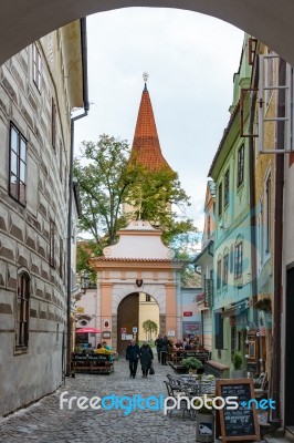 View Along A Side Street In Krumlov Towards The Monastery Of Min… Stock Photo