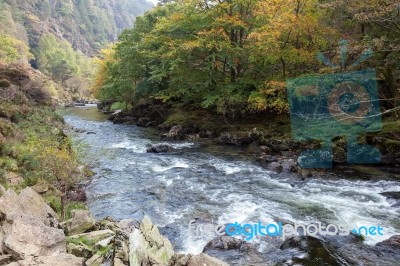 View Along The Glaslyn River In Autumn Stock Photo