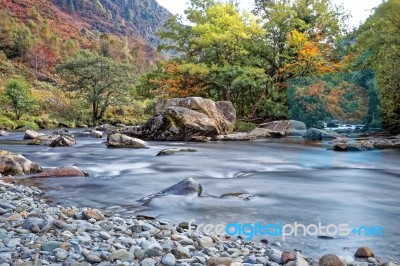 View Along The Glaslyn River In Autumn Stock Photo