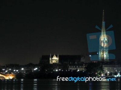 View Along The River Garonne In Bordeaux At Night Stock Photo