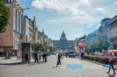 View Down Vaclavske Street To Wencelas Square In Prague Stock Photo