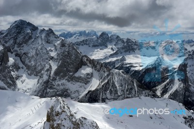 View From Sass Pordoi In The Upper Part Of Val Di Fassa Stock Photo