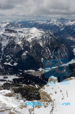 View From Sass Pordoi In The Upper Part Of Val Di Fassa Stock Photo