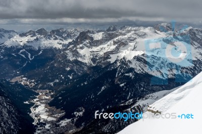 View From Sass Pordoi In The Upper Part Of Val Di Fassa Stock Photo