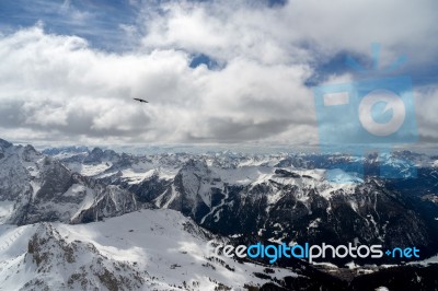 View From Sass Pordoi In The Upper Part Of Val Di Fassa Stock Photo