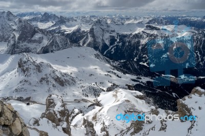 View From Sass Pordoi In The Upper Part Of Val Di Fassa Stock Photo