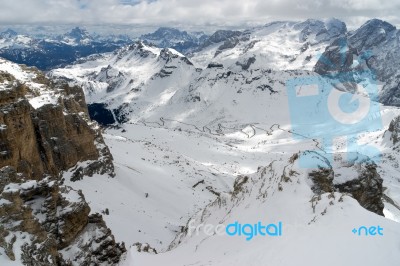 View From Sass Pordoi In The Upper Part Of Val Di Fassa Stock Photo