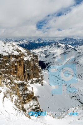 View From Sass Pordoi In The Upper Part Of Val Di Fassa Stock Photo