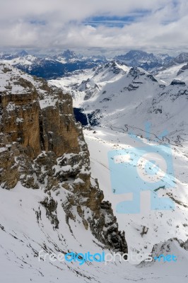 View From Sass Pordoi In The Upper Part Of Val Di Fassa Stock Photo