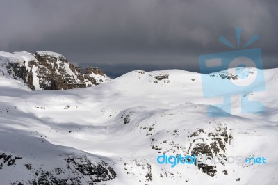 View From Sass Pordoi In The Upper Part Of Val Di Fassa Stock Photo