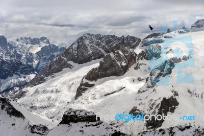 View From Sass Pordoi In The Upper Part Of Val Di Fassa Stock Photo