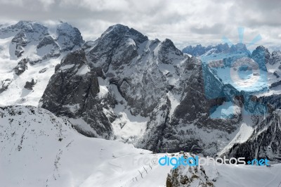 View From Sass Pordoi In The Upper Part Of Val Di Fassa Stock Photo