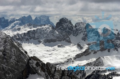 View From Sass Pordoi In The Upper Part Of Val Di Fassa Stock Photo